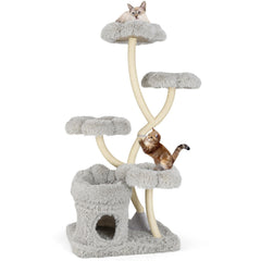 65 Inch Cat Tower with Four Flower Platforms on Curved Y Shaped Posts