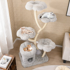 65 Inch Cat Tower with Four Flower Platforms on Curved Y Shaped Posts