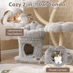 65 Inch Cat Tower with Four Flower Platforms on Curved Y Shaped Posts