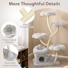 65 Inch Cat Tower with Four Flower Platforms on Curved Y Shaped Posts