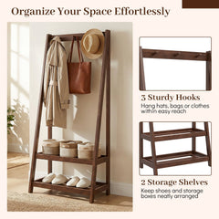 Freestanding Clothes Rack with 3 Hooks and 2 Shelves-Walnut