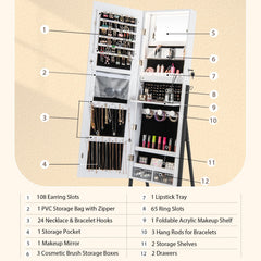 Freestanding Jewelry Cabinet with Full-Length Mirror-White