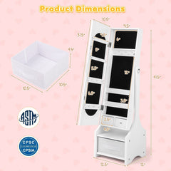Freestanding Kids Jewelry Armoire Cabinet with Storage and 2 Tilt Angles-White