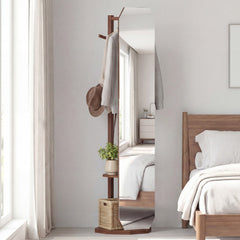 Full Length Mirror Coat Rack with Clothes Hanger for Bedroom-Walnut