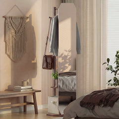 Full Length Mirror Coat Rack with Clothes Hanger for Bedroom-Walnut
