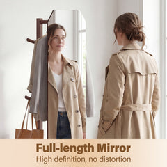 Full Length Mirror Coat Rack with Clothes Hanger for Bedroom-Walnut