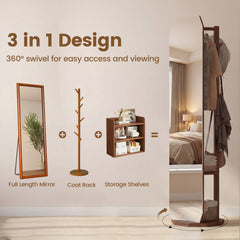 Full Length Mirror Coat Rack with Clothes Hanger for Bedroom-Walnut