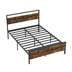 Full Size Industrial Metal Platform Bed with Rustic Wood Headboard and Footboard, 800 lb Capacity