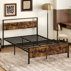 Full Size Industrial Metal Platform Bed with Rustic Wood Headboard and Footboard, 800 lb Capacity