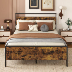 Full Size Industrial Metal Platform Bed with Rustic Wood Headboard and Footboard, 800 lb Capacity