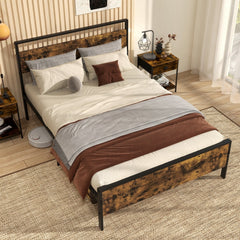 Full Size Industrial Metal Platform Bed with Rustic Wood Headboard and Footboard, 800 lb Capacity