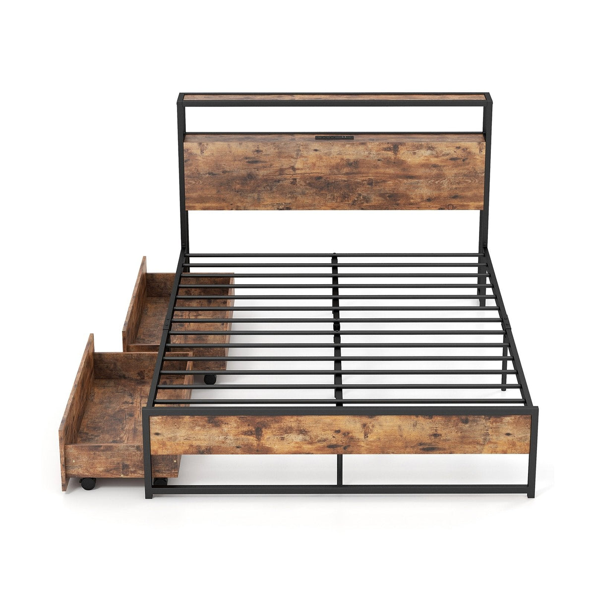 Full Size Metal Bed Frame with 2 Tier Storage Headboard, Charging Station and 2 Drawers