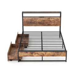 Full Size Metal Bed Frame with 2 Tier Storage Headboard, Charging Station and 2 Drawers
