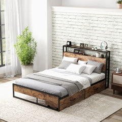 Full Size Metal Bed Frame with 2 Tier Storage Headboard, Charging Station and 2 Drawers