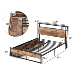 Full Size Metal Bed Frame with 2 Tier Storage Headboard, Charging Station and 2 Drawers