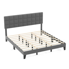 King Size Linen Upholstered Bed with 3 Position Adjustable Headboard and 18 Support Legs, Gray
