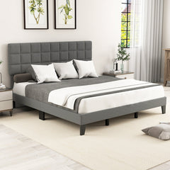 King Size Linen Upholstered Bed with 3 Position Adjustable Headboard and 18 Support Legs, Gray