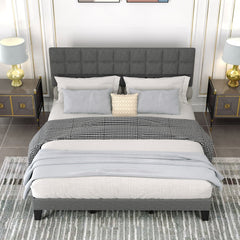 King Size Linen Upholstered Bed with 3 Position Adjustable Headboard and 18 Support Legs, Gray