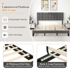 King Size Linen Upholstered Bed with 3 Position Adjustable Headboard and 18 Support Legs, Gray