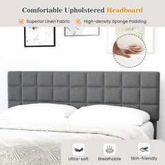 King Size Linen Upholstered Bed with 3 Position Adjustable Headboard and 18 Support Legs, Gray