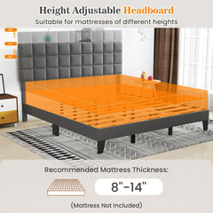 King Size Linen Upholstered Bed with 3 Position Adjustable Headboard and 18 Support Legs, Gray
