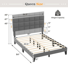 Queen Linen Platform Bed with 3 Position Adjustable Headboard and 1300 lb Capacity