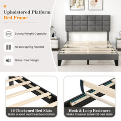Queen Linen Platform Bed with 3 Position Adjustable Headboard and 1300 lb Capacity