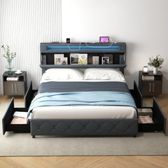 Queen Upholstered LED Bed with 2 Position Adjustable Storage Headboard and 4 Drawers, Grey