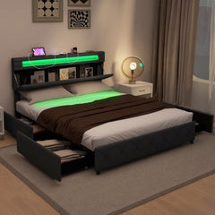 Queen Upholstered LED Bed with 2 Position Adjustable Storage Headboard and 4 Drawers, Grey
