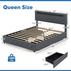 Queen Upholstered LED Bed with 2 Position Adjustable Storage Headboard and 4 Drawers, Grey