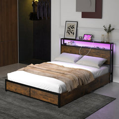 Full Size Metal Bed with Smart LED Headboard, Charging Station and 4 Lined Drawers, Rustic Brown
