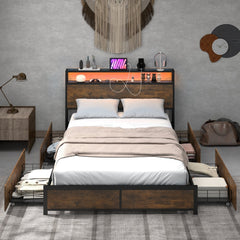 Full Size Metal Bed with Smart LED Headboard, Charging Station and 4 Lined Drawers, Rustic Brown