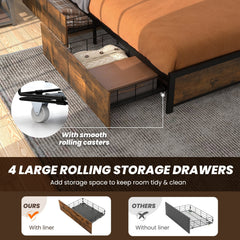 Full Size Metal Bed with Smart LED Headboard, Charging Station and 4 Lined Drawers, Rustic Brown