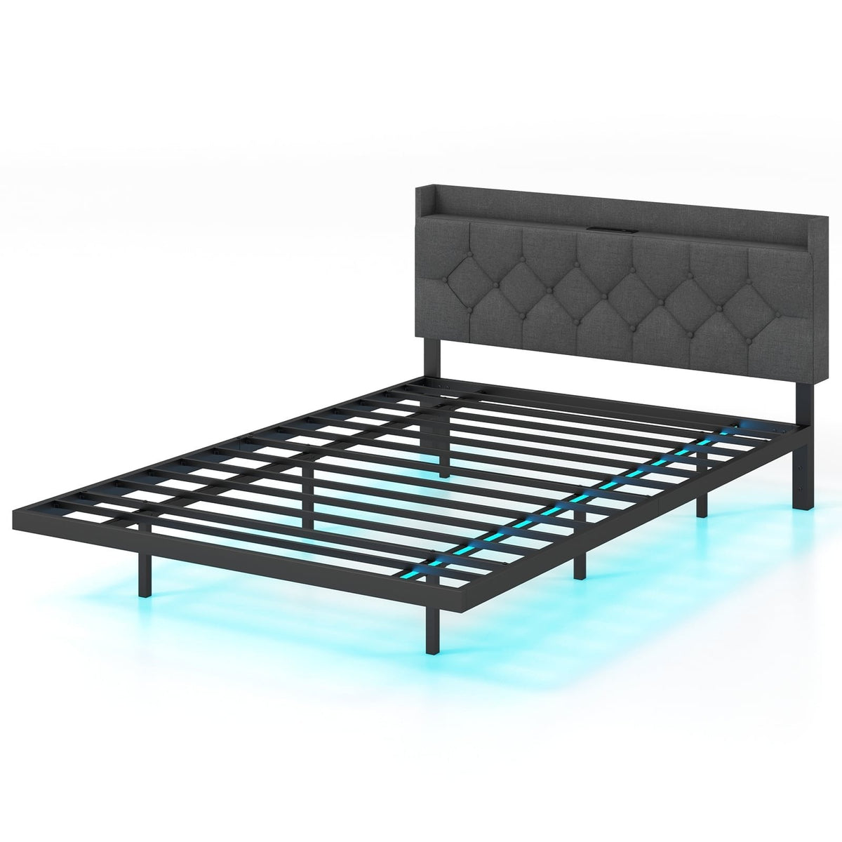 Full Size Floating Bed Frame with LED Lights, 3 Position Storage Headboard and Charging Station