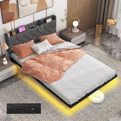Full Size Floating Bed Frame with LED Lights, 3 Position Storage Headboard and Charging Station