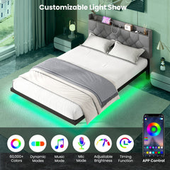 Full Size Floating Bed Frame with LED Lights, 3 Position Storage Headboard and Charging Station