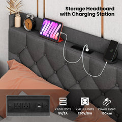 Full Size Floating Bed Frame with LED Lights, 3 Position Storage Headboard and Charging Station