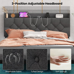 Full Size Floating Bed Frame with LED Lights, 3 Position Storage Headboard and Charging Station