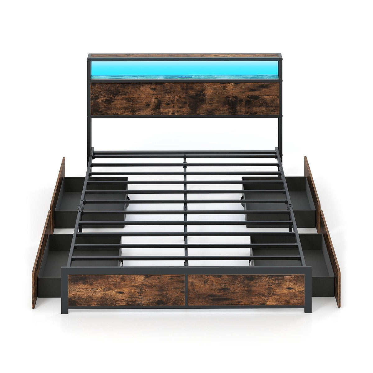 Queen LED Metal Bed with 2 Tier Storage Headboard, Charging Station and 4 Fabric Drawers
