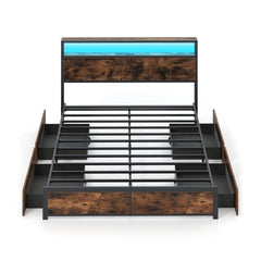 Queen LED Metal Bed with 2 Tier Storage Headboard, Charging Station and 4 Fabric Drawers