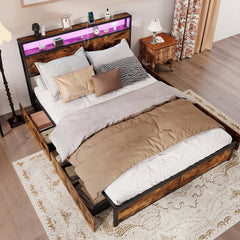 Queen LED Metal Bed with 2 Tier Storage Headboard, Charging Station and 4 Fabric Drawers