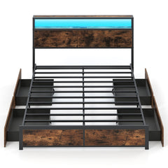 Queen LED Metal Bed with 2 Tier Storage Headboard, Charging Station and 4 Fabric Drawers