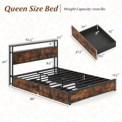 Queen LED Metal Bed with 2 Tier Storage Headboard, Charging Station and 4 Fabric Drawers