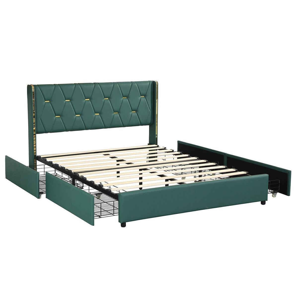 Full Size Upholstered Bed Frame with 4 Rolling Drawers and Wingback Headboard, Green