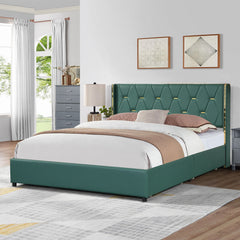 Full Size Upholstered Bed Frame with 4 Rolling Drawers and Wingback Headboard, Green