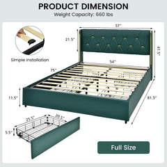Full Size Upholstered Bed Frame with 4 Rolling Drawers and Wingback Headboard, Green