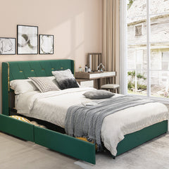 Full Size Upholstered Bed Frame with 4 Rolling Drawers and Wingback Headboard, Green