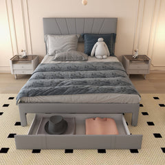 Queen Upholstered Bed with Adjustable Headboard and One 45.5 Inch Slide-Out Drawer, Grey