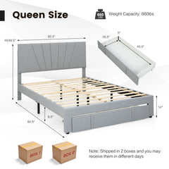 Queen Upholstered Bed with Adjustable Headboard and One 45.5 Inch Slide-Out Drawer, Grey