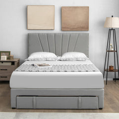 Queen Upholstered Bed with Adjustable Headboard and One 45.5 Inch Slide-Out Drawer, Grey